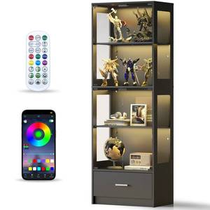 5-Tier Glass Display Cabinet with LED Lights & Adjustable Shelves & Drawer, Curio Cabinet for Home & Office