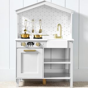 Best Choice Products Pretend Play Wooden Farmhouse Kitchen Set for Kids wToy Storage, Clicking Knobs, Windows, 5 Accessories Included - White
