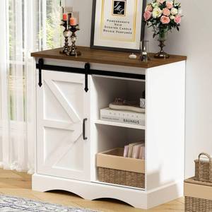 31.5 Buffet Storage Cabinet - Farmhouse Style, Sliding Barn Door, Adjustable Shelf - White & Brown