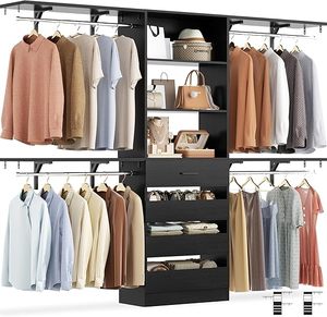 8FT Closet Organizer with 4 Wooden Drawers, Wood Closet Organizer System with Tower, Walk-in Closet Organizer Wardrobe Clothes Rack with 4 Hanging Rods, Garment Rack, Black