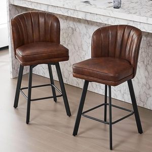 SAECKBERG Swivel Counter Height Bar Stools Set of 2, 26 Modern Barstools with Backs and Metal Legs, Upholstered Bar Chairs - Brown Leather
