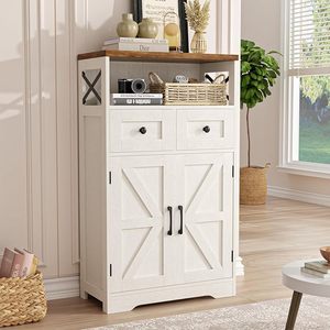 Farmhouse Storage Cabinet with Barn Doors and Shelves, Farmhouse Kitchen Pantry, Small Tall Coffee Bar Cabinet with Storage, Hutch Cupboard for Bathroom, Laundry, Living Room,White