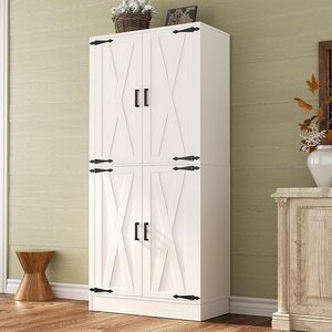71 Tall Kitchen Pantry Storage Cabinet with Farmhouse Barn Doors and Storage Drawer, 4 Adjustable Shelves, Freestanding Cupboard for Dining Room, Living Room, Utility Room, White