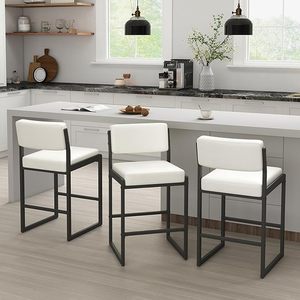 SAECKBERG Modern Counter Height Bar Stools, 26 Bar Height Chairs with Backs, Upholstered Counter Stools, Metal Barstools for Kitchen Island (Bright White- Faux Leather, 26 H - Set of 3)