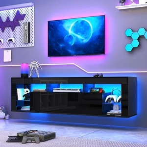 ChVans Floating TV Stand for TVs up to 75, Wall Mounted Floating Entertainment Center with LED Lights, Modern Wood TV Cabinet for Living Room, Bedroom,Black