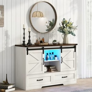 ChVans 47 Farmhouse Dresser with LED Light & Power Outlet, 2 Drawers, 2 Sliding Doors, 2 Storage layers, Rustic Dresser TV Stand for 60in TV, Wood Storage Cabinet for Bedroom, Living Room, Hallway