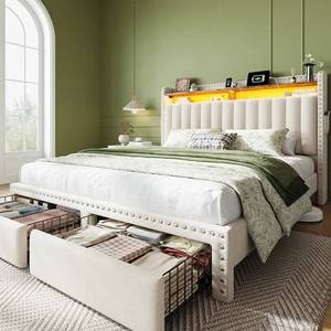 Queenfull Bed Frame with Storage Drawers & Bookcase Shelf - Tan