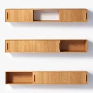 Wall-mounted floating TV stand and media console featuring a flutedribbed wood finish