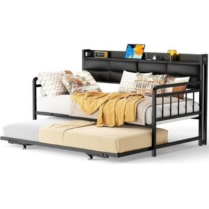 Twin Daybed with Trundle, Twin to King Size Day Bed with Power Outlets & Upholstered Headboard, Metal Sofa Bed for Living Room, Bedroom, Guest Room, Black