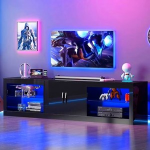 ChVans Large LED TV Stand for 7585 TV with Power Outlets, Living Room Entertainment Center with Storage Drawers&Cabinets Furniture, Black High Gloss TV Cabinet Console Table-70.9