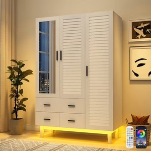 3 Door Armoire Wardrobe Closet Cabinet with Drawers and LED Lights, Multi-Tier Shelves, Hanging Rod & 3 Louver Doors, Large Capacity Storage Wardrobe Armoire for Bedroom, White