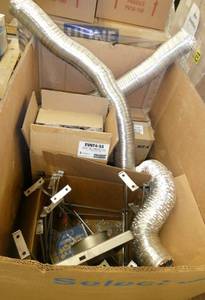 Pallet of misc items - flexible duct, case of feminine napkins and new stainless dispenser