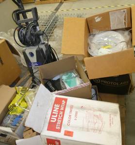 Pallet of misc including a pressure washer, stretch wrap, hose and misc parts
