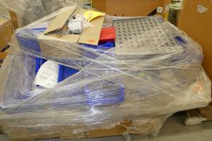 Pallet with New and used wire shelving 24x48, parts bins and a bin hanger panel