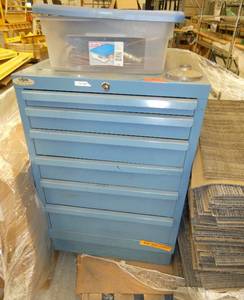 Toolbox 27x22x32, box of hose and copper line, pile of commercial carpet tiles
