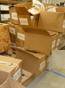 Pallet of 16 boxes of misc hardware - nuts bolts bearings clamps etc