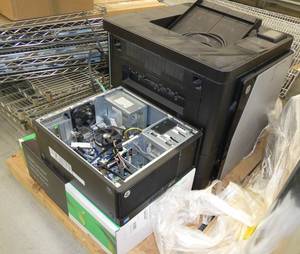 HP Laserjet Enterprise M806dn printer (works), HP Z230 desktop pc (no hard drive or ram and missing side panel), New box of toner