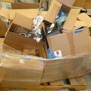 Pallet of misc parts, prototype stuff, a dozen new small scissor lift type stands