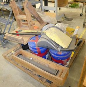 Pallet of shovels, tamper, parking lot striper, some raw materials (carbon fiber and starmag ferrite)