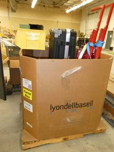 Gaylord pallet of items, rolling storage case 20x60, red lifts of some kind,