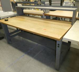72x36 Workbench with wood top and steel legs, adjustable height with a top shelf