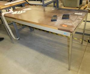 60x30 table with laminate top, some torn off, metal legs