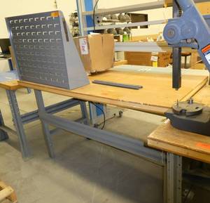 60x30 Workbench with laminate top and steel legs, adjustable height and a parts bin hanger