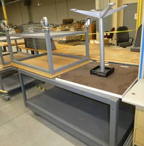 3 tables, rolling steel table 30x61, rolling 30x38 table with wood top, 30x30 laminate lunch table