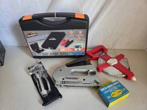 Industrial Stapler with staples fiberglass measuring tape multi-purpose hammer tool jump starter kit --Lot of 5