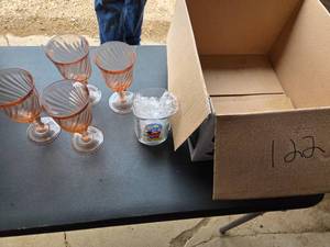 4 Pink Depression Glass Wine Glasses & Mickey Mouse Glass