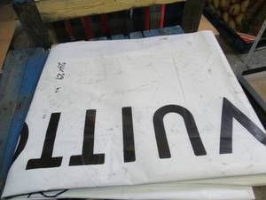 24 x 29 15 oz. White Vinyl Tarp w Advertisement  Reused Billboard  15 mil Lightweight Duty - A Grade