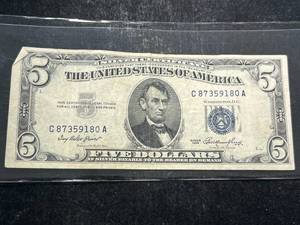 1953 US BLUE SEAL $5 SILVER CERTIFICATE