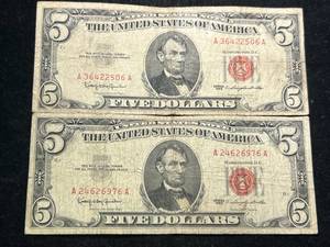 2 US RED SEAL 1963 $5 BILLS