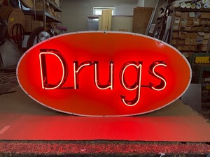 Drugs neon sign with original  vintage porcelain face