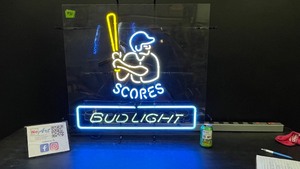 Bud Light neon baseball player at bat, SCORES