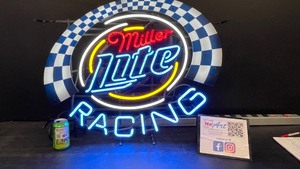 Miller Lite Racing neon sign with checkerboard background