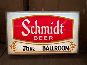 Schmidt Beer outdoor, lighted, commercial sign. Aluminum extrusion cabinet with embossed plastic sign face.