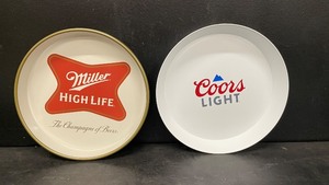 Lot of 2 beer trays Miller High Life The Champagne of Beers and Coors Light plastic tray 13 diameter New