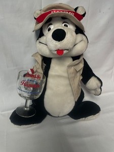 Hamms Beer plushie fishing bear with Hamms thumbprint goblet