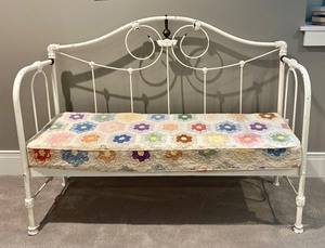 LBR2 - Vintage White Metal Bench with Vintage Quilt-Covered Cushion