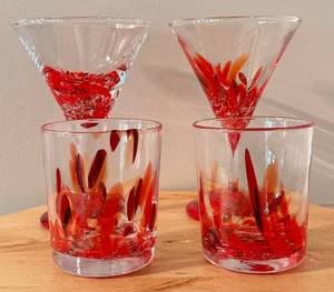 Julia Knight Hand-Blown Art Glass Set of 4 - Red & Clear