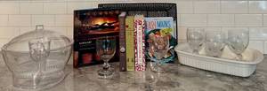 Kitchen Cookbooks, Corningware Dish, Goblets & Basket Mixed Lot