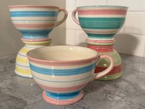 Pastel Striped Ceramic Pedestal Mugs (Set of 4)