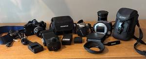 LLO - Nikon, Olympus, Sony & Vivitar Camera Lot with Lens, Flash, Bags and More