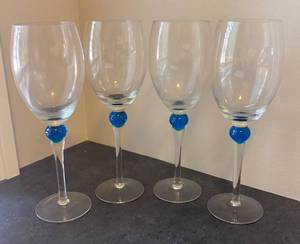 E - Four Blue Accent Stemmed Wine Glasses