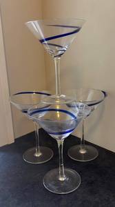E - Set of Four Cobalt Blue Swirled Martini Glasses