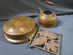 Copper Poaching Pan, Teapot, Trivet