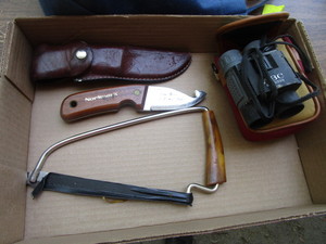 Marttini Knife, Bone Saw, Binoculars