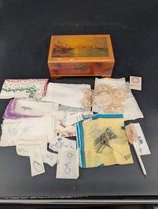 Vintage Wooden Keepsake Box & Assorted Embroidered Linens Mixed Lot