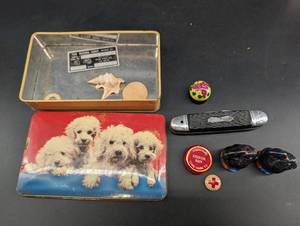 Vintage Tin Collectibles, Knife & Small Figurines Mixed Lot